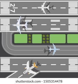 Banner with airplanes preparing for take off or landing on runway at the airport, top view. Passenger aircraft on the takeoff field vector illustration in flat style.