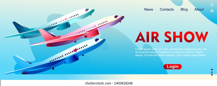 banner of airshow, in the abstract sky a flying plane smoking multi-colored smoke, for demonstrating the strength of power and professionalism of pilots, a template for the target of the Internet
