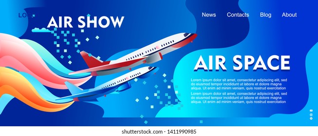 banner of airshow, in the abstract sky a flying plane smoking multi-colored smoke, for demonstrating the strength of power and professionalism of pilots, a template for the target of the Internet