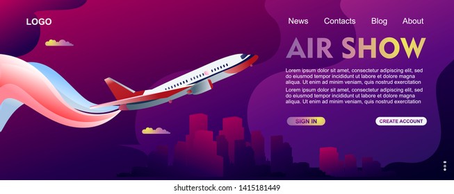 banner of airshow, in the abstract sky a flying plane smoking multi-colored smoke, for demonstrating the strength of power and professionalism of pilots, a template for the target of the Internet
