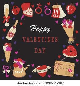 Banner with All lovers Day decorative elements. Quote Happy Valentines Day. Chocolate, champagne, cupcake, ice cream, strawberry, Lollipop. Flat style in vector illustration. Isolated elements. 