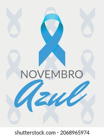 Banner alluding to blue November(Novembro azul). Prostate Cancer Awareness. Gray background. Ribbon blue