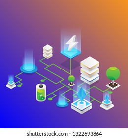 Banner with alternative energy power supply. Safe energy, concept with power sources and energy consumers. Flat isometric vector illustration