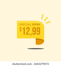 Banner amarelo estilo etiqueta de US$ 12,99. Campanha publicitária, vendas, rótulo de oferta. De hoofdplaats is Ilustração Vetorial.