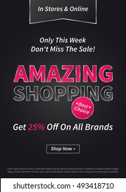 Banner Amazing Shopping on black background vector illustration. Poster Amazing Shopping concept for websites, retail stores, advertising. Flyer layout Amazing Shopping Sale A4 size, ready to print.
