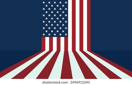 Banner with American flag with stars in a blue rectangle at the top left and red and white stripes extending from the center towards the viewer, creating a 3D effect against a dark blue background.