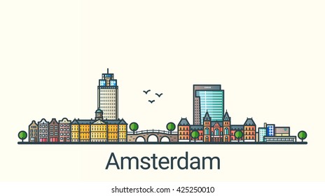 Banner of Amsterdam city in flat line trendy style. Amsterdam  city line art. All buildings separated and customizable.