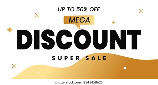 Banner announcing big discount with half price reduction in gold color. Special offer with 50 percent off advertising. Promotional poster template with limited time super sale vector illustration