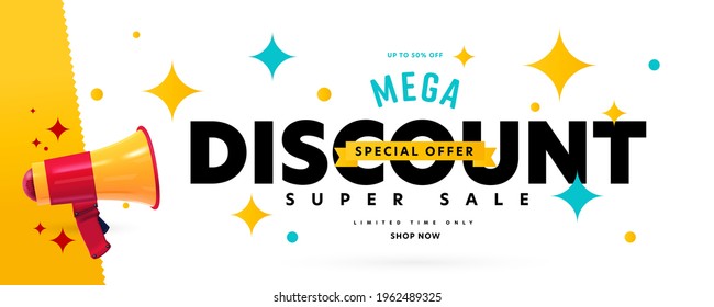 Banner announcing mega discount with half price reduction. Special offer with 50 percent off advertisement. Promotion poster template with limited time super sale vector illustration - Shutterstock ID 1962489325
