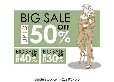 Banner announcing mega discount with half price reduction. Fashion advertisement. Promotion poster template super sale. Vector illustration character cartoon.