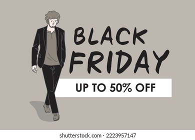 Banner announcing mega discount with half price reduction. Fashion advertisement. Promotion poster template super sale. Vector illustration character cartoon.