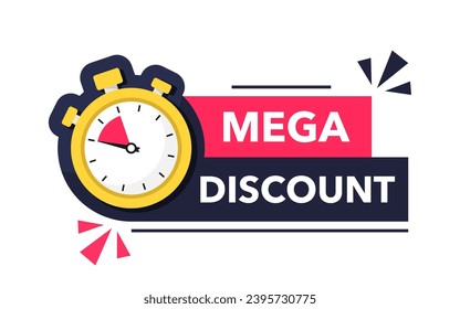 Banner announcing mega discount with price reduction. Mega discount label with limited time offer. Marketing deal sale tag giving super offer. Promo banner for retail or online shop discount. Vector