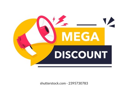 Banner announcing mega discount with price reduction. Mega discount label with limited time offer. Marketing deal sale tag giving super offer. Promo banner for retail or online shop discount. Vector