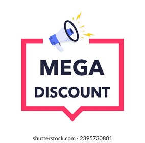 Banner announcing mega discount with price reduction. Mega discount label with limited time offer. Marketing deal sale tag giving super offer. Promo banner for retail or online shop discount. Vector