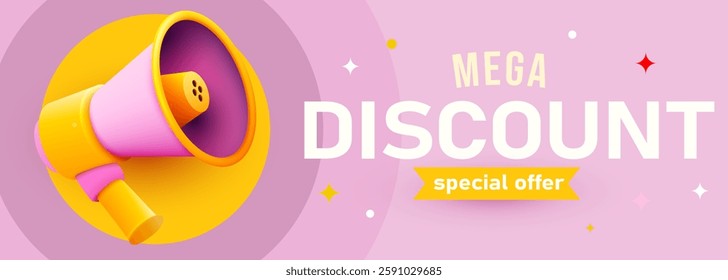 Banner announcing mega discount. Special offer advertisement. Promotion poster template with limited time super sale. Vector illustration