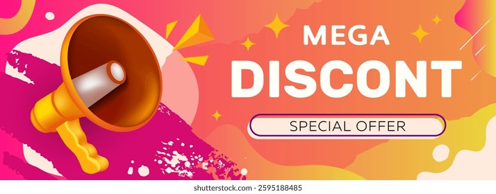Banner announcing mega discount. Special offer advertisement. Poster design with megaphone screaming about huge discounts. Vector illustration.