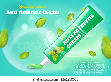 Banner Anti Arthritis Cream Natural Mint Extract. Vector Image Concept Get Rid of Joint Pain, Natural Mint Ingredients, Prevents Deposition of Salts, Heals Joints and Tissues, Relieves Muscle Spasms