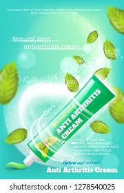 Banner Anti Arthritis Cream Natural Mint Extract. Vector Image Concept Get Rid of Joint Pain, Natural Mint Ingredients, Prevents Deposition of Salts, Heals Joints and Tissues, Relieves Muscle Spasms
