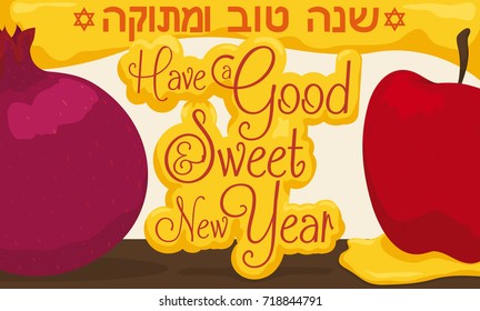 Banner with apple, honey and pomegranate to be eaten in Jewish New Year celebration or Rosh Hashanah with greeting wishes for you in a sweet year (written in Hebrew).