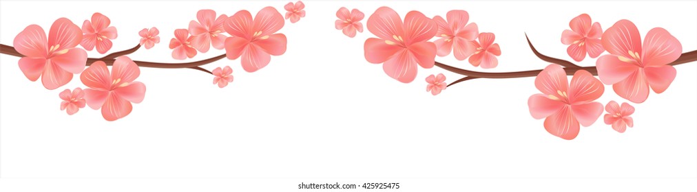 Banner. Apple tree flowers. Branch of sakura with red pink flowers isolated on white. Cherry blossom branch. Vector