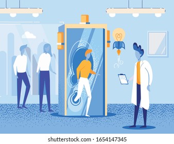 Banner Approach to Solving Creative Problems. An Associative Search for Ideas Reveals an Unobvious Connection Between Objects and Events. Man Goes Through Detector Towards Man in White Coat.