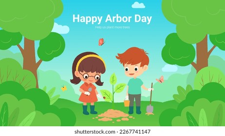 Banner for Arbor Day decoration. Vector cute illustration with two kids planting seedling in forest or garden with flying butterflies and ladybug on leaf of  seedling. Earth Day or Arbor Day concept.