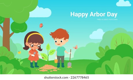 Banner for Arbor Day decoration. Vector cute illustration with two kids planting seedling in forest or garden with flying butterflies and ladybug on leaf of  seedling. Earth Day or Arbor Day concept.