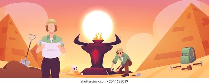 Banner com arqueólogos explorando local de escavação perto de altar em chamas, pirâmides na areia e pôr do sol. Personagens, artefatos antigos, ferramentas, esqueleto. Arqueologia. Ilustração plana vetorial.