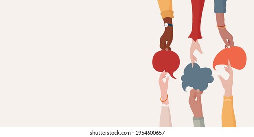 Banner. Arms and hands holding speech bubble. Agreement or affair between a group of colleagues or collaborators.Diversity People who exchange information.Concept of sharing and exchange