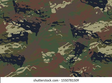Banner Army. Vector Design. Pattern Camouflaged. Military Seamless Print. Classic Colors Camo Pattern. Black, Olive, Brown, Desert Tones Campoflage Print. Trendy Fabric Design. Military Wallpapers.