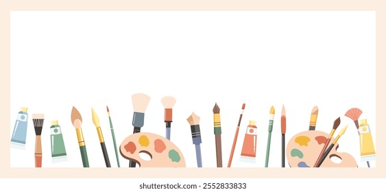 Banner with art supplies. Horizontal advertising background with brushes, paints and artists palette. Creative accessories for hobby. Illustration