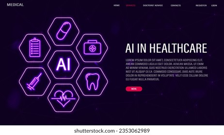 Una pancarta con inteligencia artificial integrada en la atención de salud y la medicina. Iconos Neon AI, cardiograma, pulso, píldoras en un fondo morado con texto.