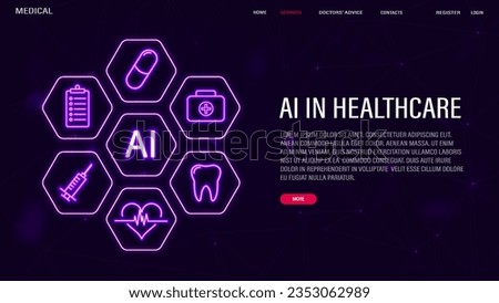 A banner with artificial intelligence embedded in health care and medicine. Neon AI icons, cardiogram, pulse, pills on a purple background with text.