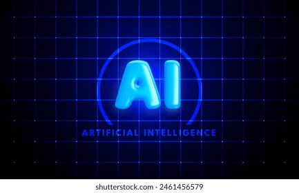 Anuncio Artificial Intelligence sobre fondo azul oscuro con rejilla de neón. Realista brillante brillante brillante 3D letras AI. Icono de IA de plástico de dibujos animados. Aprendizaje automático, redes neuronales, big data. Ilustración vectorial