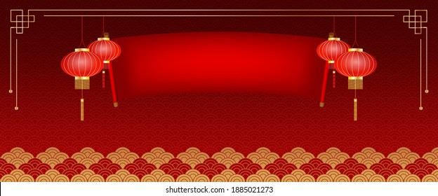 Banner asian elements with craft style on red background.