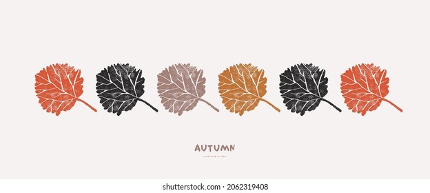 Banner with aspen leaves ornament. Vector illustration in hand-drawn linocut style