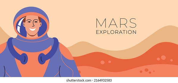 Cartel con un astronauta. Ilustración vectorial de arte plano. Exploración de Marte. Investigación científica. 