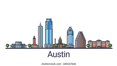 Banner of Austin city in flat line trendy style. Austin city line art. All buildings separated and customizable.