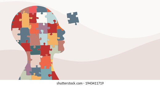 Banner. Autism syndrome concept. Jigsaw that forms human head in profile. Learning support and education. Neurological Disease. Mind and brain. Hand drawn puzzle