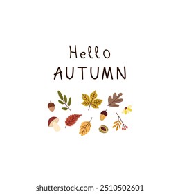 Banner with autumn design and hello autumn inscription. Vector flat design. Hand drawn lettering. Welcome Autumn cards.Vector illustration cartoon flat style. Isolated on white background