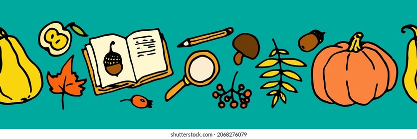 Banner of autumn drawings in yellow-orange tones. horizontal seamless strip of a hand-drawn pumpkin in the style of doodles, leaves, mushrooms and acorns, a book, a magnifying glass, a magazine, leave