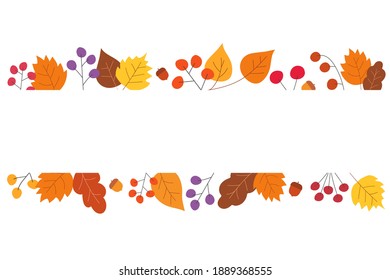 Banner with autumn hand drawn tree leaves, berries. Template with simple botanical shapes. Acorns, currants, mountain ash, viburnum, oak, maple, linden, poplar. Add your text. Vector illustratio