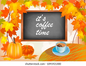 Banner autumn leaves with pumpkin. Coffee on the table in autumn. Time to drink coffee.