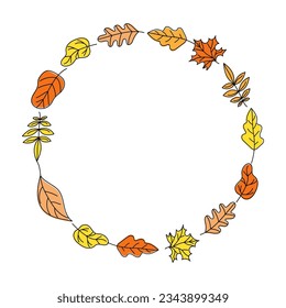 Banner Autumn Leaves . Round border frame. Set, background with leaves.   Leaves flying. Doodle style drawings. Color vector illustration, isolated background.