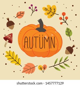 The banner of autumn pumpkin and the wreath of leaves in the flat vector style. Illustration for background, graphic,content , banner, sticker label and greeting card.