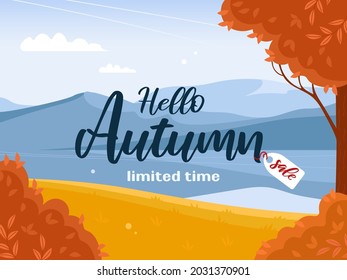 Banner autumn sale. Beautiful bright landscape. Mountains, sky, white clouds. Azure mirror water surface of lake, river sailboat. Vector Illustration for background, website, posters, flyer.