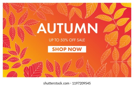 Banner for Autumn sale with colorful seasonal fall leaves  for shopping discount promotion. Vector illustration.  Autumn gradient