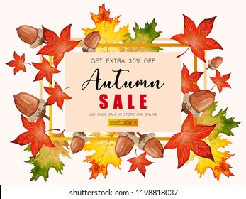Banner for Autumn sale with fall leaves.