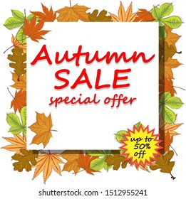 Banner for autumn sale. Floral elements of autumn leaves. Vector illustration on white background.