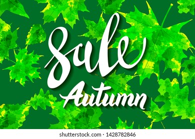 Banner for autumn sale in frame from leaves. poster with lettering and background yellow autumn maple leaves. Vector illustration eps 10 art